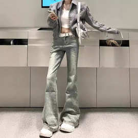 设计感复古做旧小个子微喇叭牛仔裤女秋冬新款高腰修身显瘦拖地裤