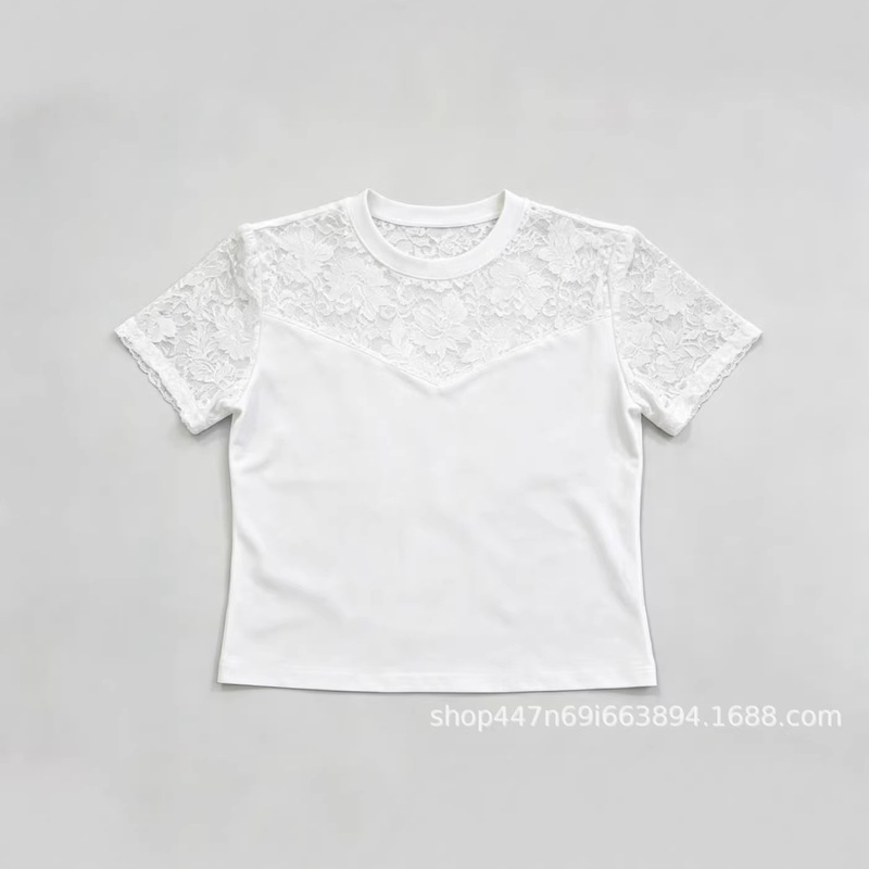 Spliced Lace Cool-Touch Short-Sleeve Summer New Solid Color T-Shirt for Women, Lace Stylish Texture Cool-Feel Thin Top