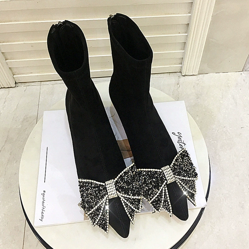 Сапоги женские каблуки сапоги 2024 новые осенние и зимние заостренные стразы банты небольшой размер тонких каблуков тощий сапоги
