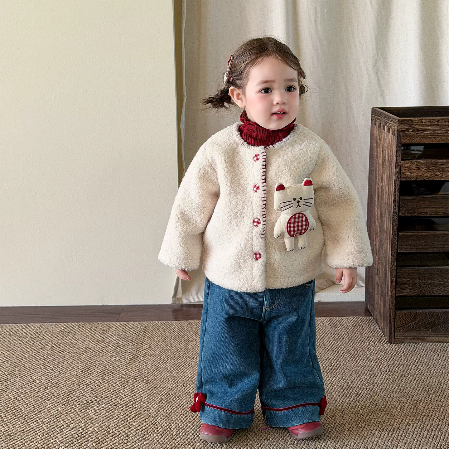 维木童装女童套装新款加厚保暖儿童衣服婴儿女宝冬装外套牛仔裤子