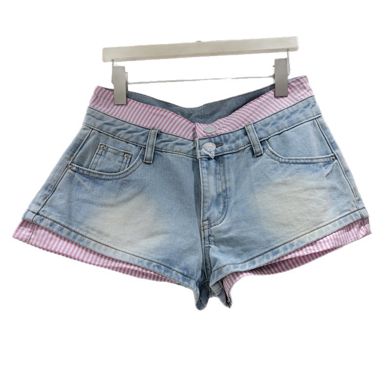 Pantalones Cortos de Mezclilla para Mujer de Mezclilla, Diseño Empalmado, Bolsillos