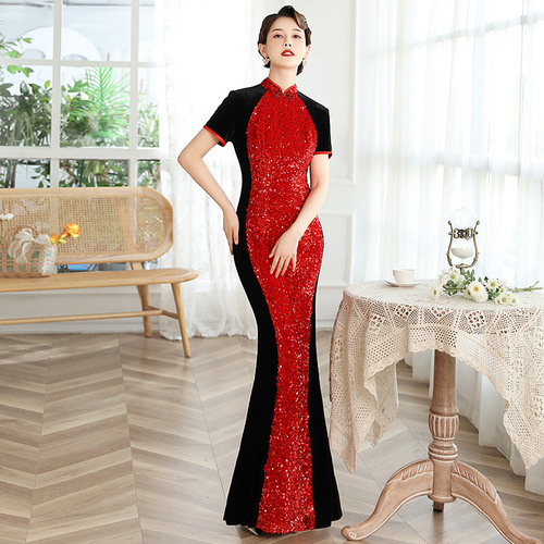 Wine royal blue sequined catwalk cheongsam oriental Qipao plus size long fishtail singers car model Chinese dress Chinese wedding party banquet dresses