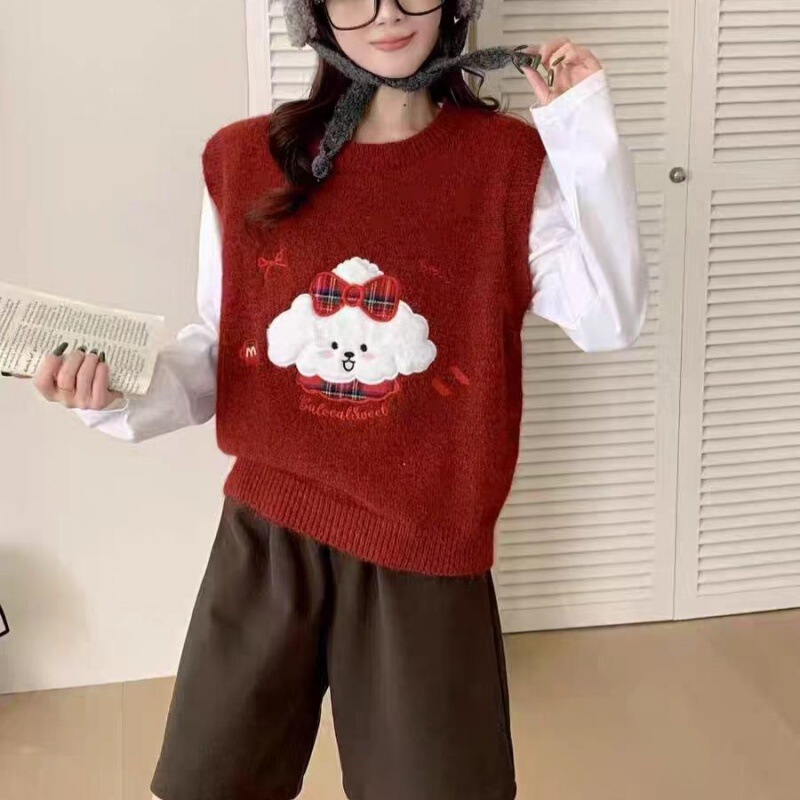Korean-Style Cute Cartoon Puppy Round-Neck Knitted Vest for Women, Christmas Red Slim-Fit Versatile Fashion Sweater Vest