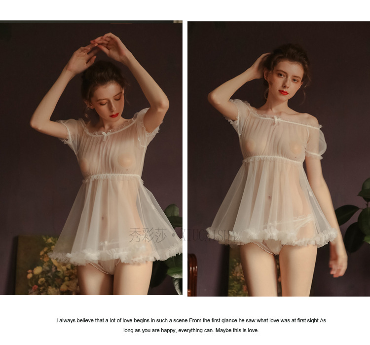 Sheer Mesh Babydoll Nightdress with Matching Panty, Pink One Size — detail image 14