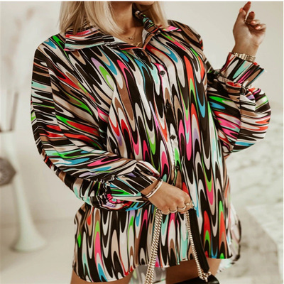2022 Europe and America Women's wear Spring Single breasted Versatile Loose type Lapel Long sleeve printing Cardigan have more cash than can be accounted for shirt goods in stock
