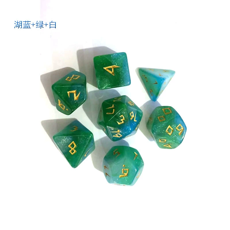 7‑piece polyhedral dice set, tricolor chameleon finish, standard DnD kit (d20–d4), multi‑color