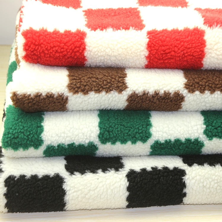 仿毛皮色织提花羊羔毛绒布颗粒泰迪饼干格棋盘格提花羊羔绒布面料