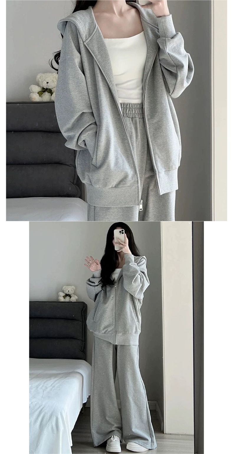 ActiveGo Casual Sports Suit Women, New Loose Hooded Gray Sweatshirt Wide-Leg Pants Two-Piece Set With Cardigan Jacket For Autumn_desvips.com