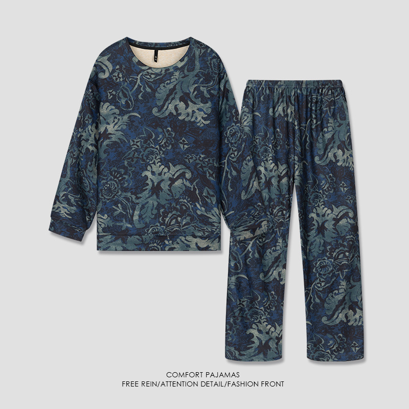 [Cashmere Temperature Locking] Autumn and Winter Men's Pajamas Wool Mulberry Silk Plus Velvet Warm German Velvet Heating Bottoming Suit