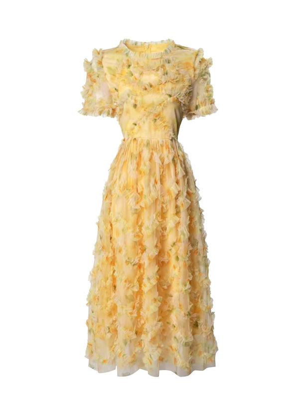 2025 新しい夏の女性のニッチ立体蝶の花絶妙な装飾ドレスレースパフスリーブロングスカート|undefined
