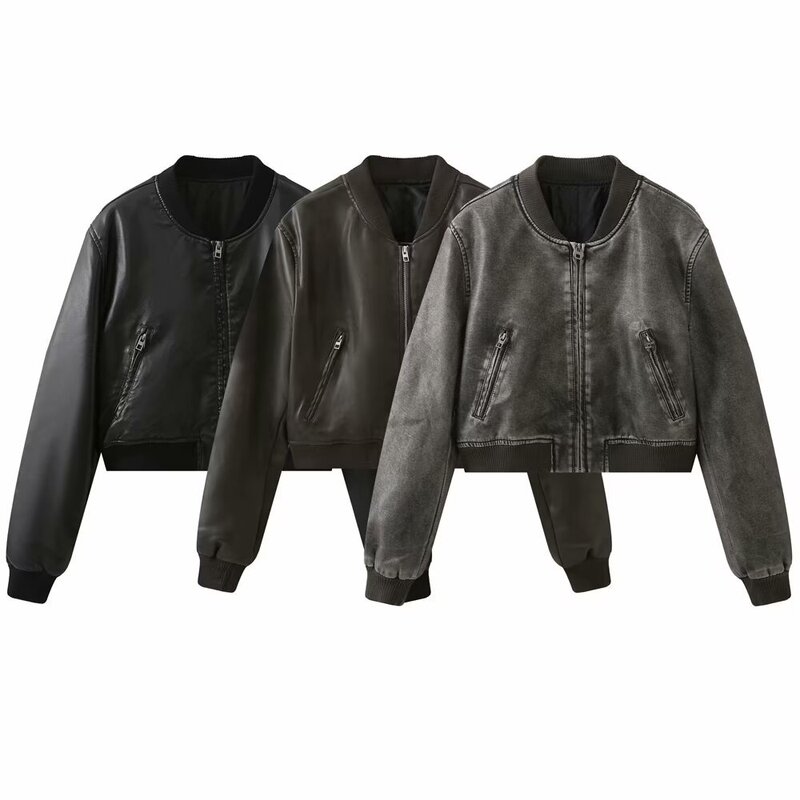 Pb&Za American Stand-Up Collar Imitation Leather New Women's Autum Bomber Jacket Cross-Border European and American Style Short Style