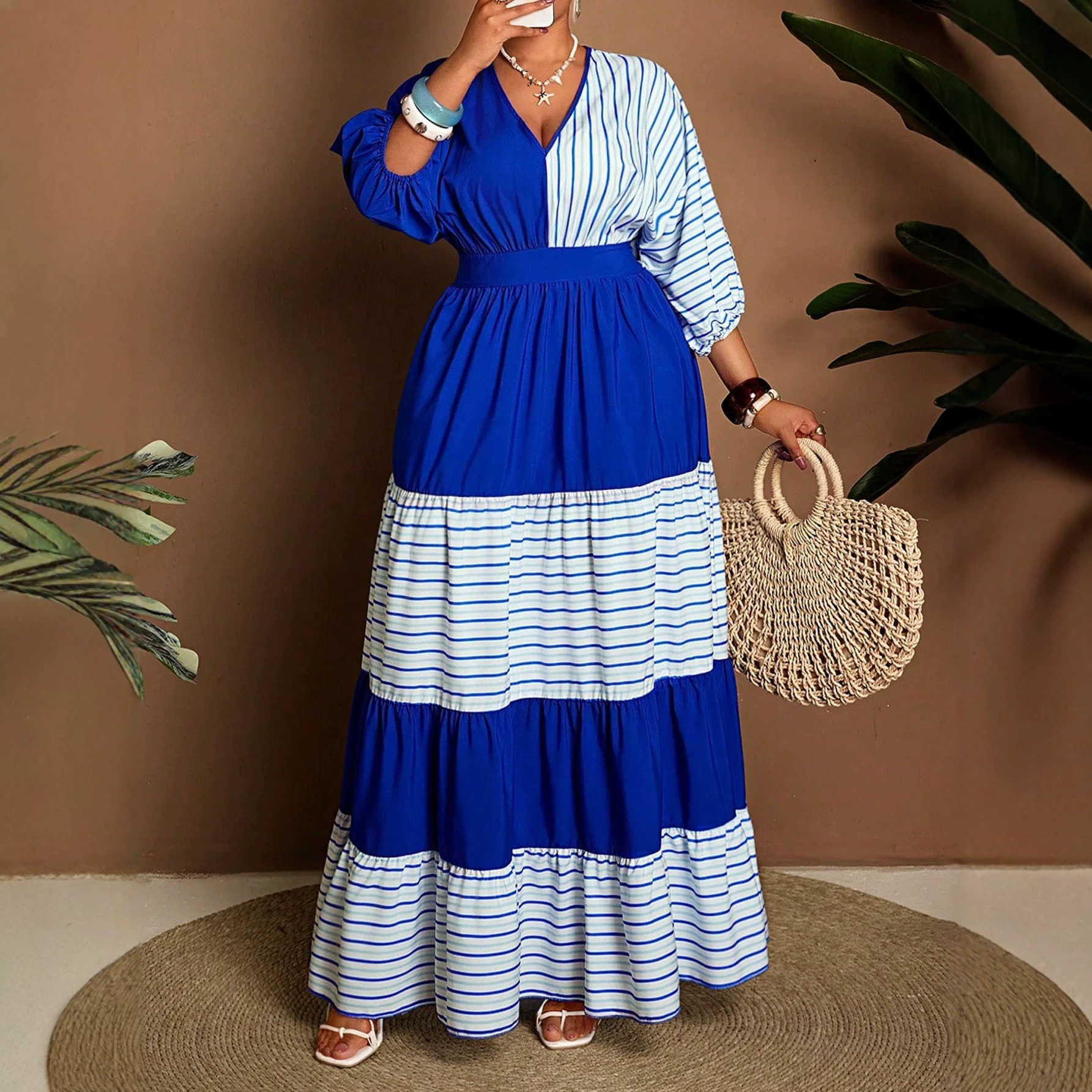Cross-Border Foreign Trade European and American Plus-Size 2026 Spring/Summer New Style Elegant Striped Color-Blocking Half-Sleeve Waist-Cinching V-Neck Dress