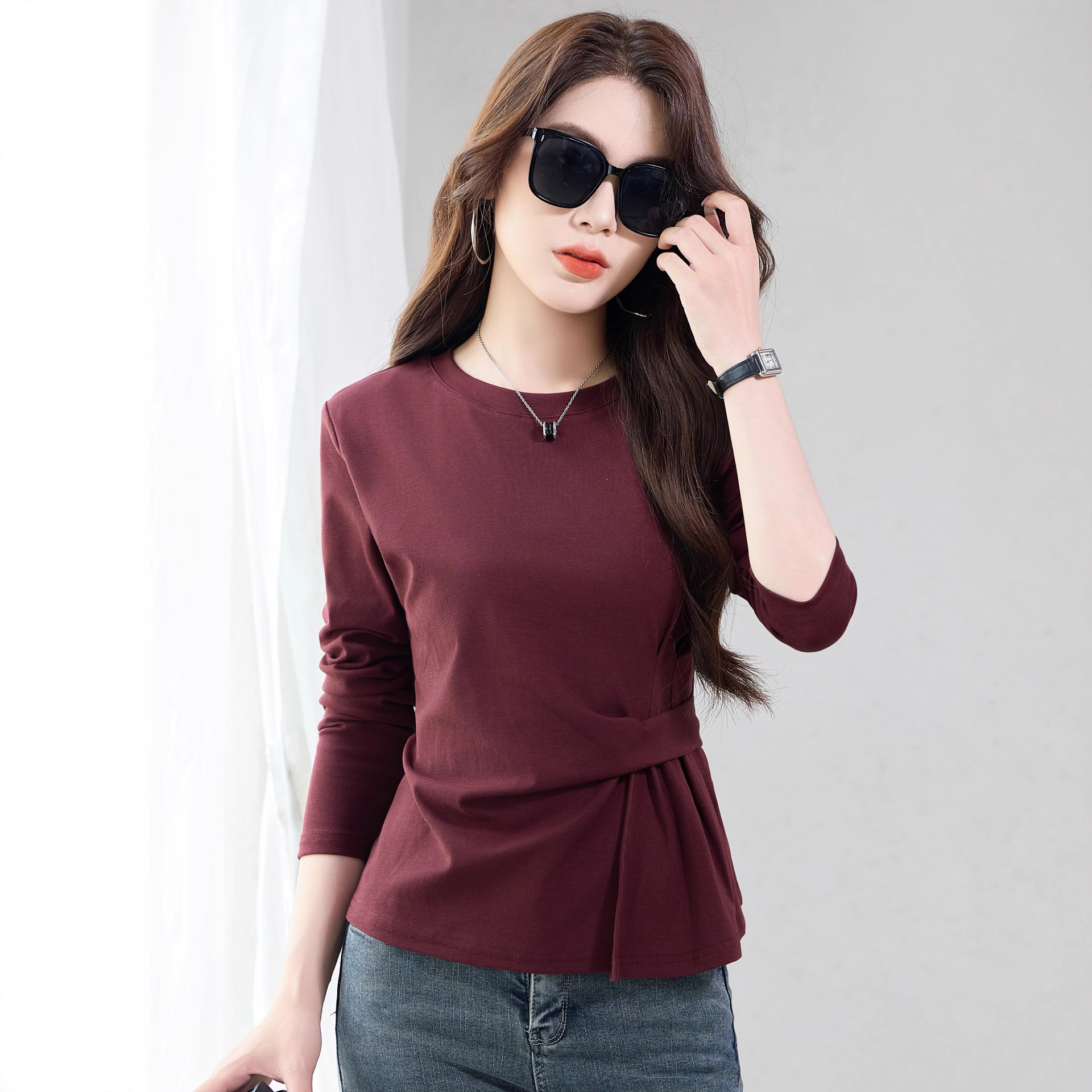 52069 Pure Cotton Long-Sleeved T-Shirt for Women 2025 Spring & Fall New Pure Color Slim Fit Versatile Slimming Look Western Style Bottoming Shirt Top