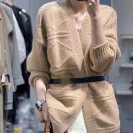 秋冬新款气质韩版时尚小香风中长款毛衣卡其外套宽松腰带针织开衫