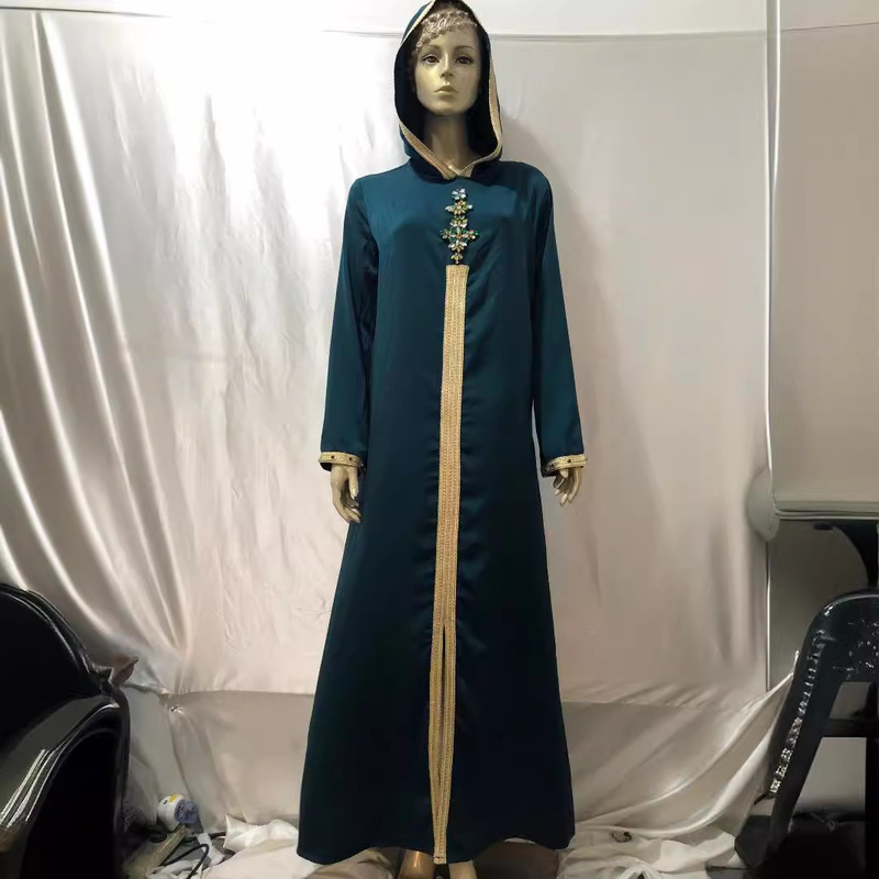 Amazon Hooded Rhinestone Avocado Green Handmade Rhinestone Robe Loose Long Skirt with Large Hem for Women