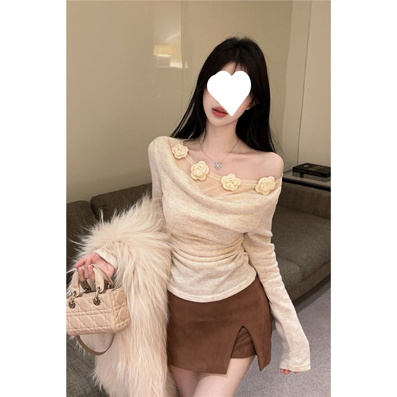 浪漫氛围感立体花朵荡领假两件长袖上衣秋冬新款纯欲辣妹打底衫女