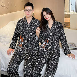 情侣睡衣女春秋季新款冰丝长袖翻领开衫套装仿真丝绸高级感家居服