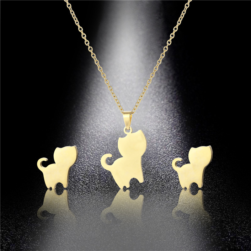 Fashion Kitten Pendant Necklace Earring Set Stainless Steel Jewelry