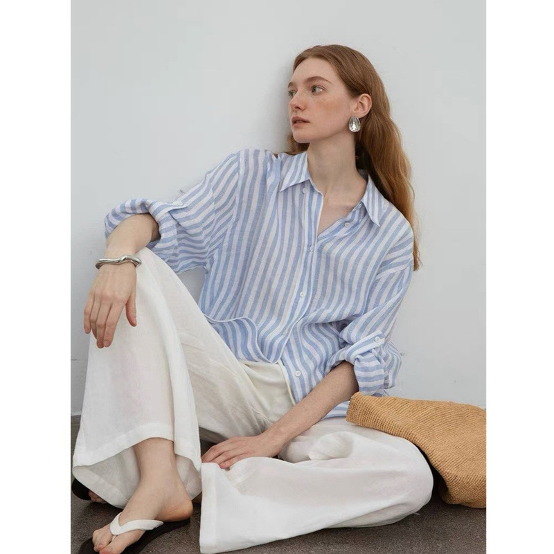 Countomne Casual Resort Style/Relaxed and Comfortable Linen Yarn-Dyed Casual Silhouette Striped Shirt Countomne Casual Resort Style/Relaxed and Comfortable Linen Yarn-Dyed Casual Silhouette Striped Shirt
