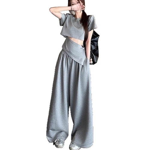 Lady's Fashion Set 2025 Summer High-Waist Slimming Casual Top T-Shirt Loose Wide-Leg Pants Set