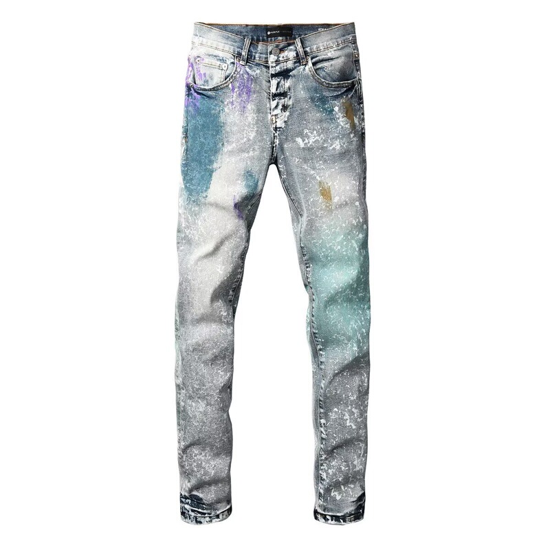Trendy new Harajuku-style American streetwear, featuring light-colored, washed denim with a creative pattern print, slim-fit jeans for men
