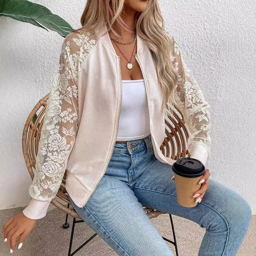 Eurasian Cross-border 2025 Spring New Elegant Women's Lace Patchwork Long-Sleeve Baseball Collar Jacket Top Outerwear