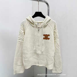 原标ce皮革徽标粗毛线连帽开衫25秋冬新款慵懒风麻花针织外套女