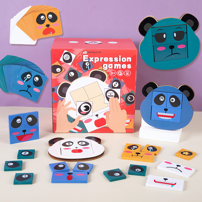 Educación temprana para niños Panda expresión facial cara cambiante bloques de construcción rompecabezas tridimensional bloques de construcción batalla cubo a juego juguetes de madera image 2