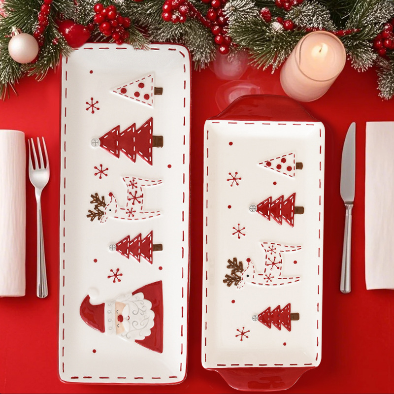 Christmas theme long plate natural clay material glazed moist holiday party decorations dessert container