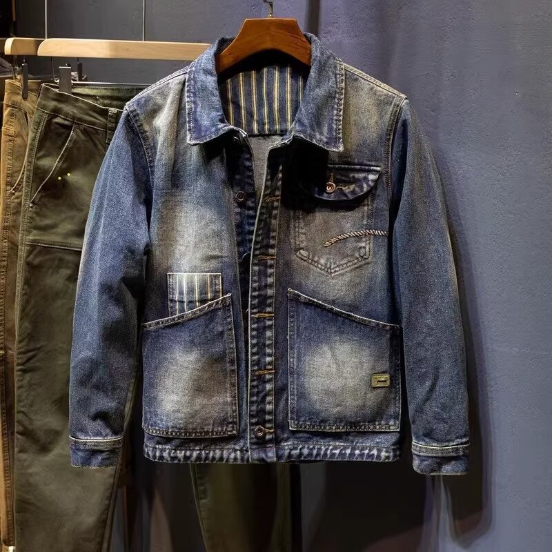 Denim Jacket Men's Autumn and Winter Trendyy Retro Slim Jacket Youth Nostalgic Casual Denim Jacket Splicing Motorcycle Top