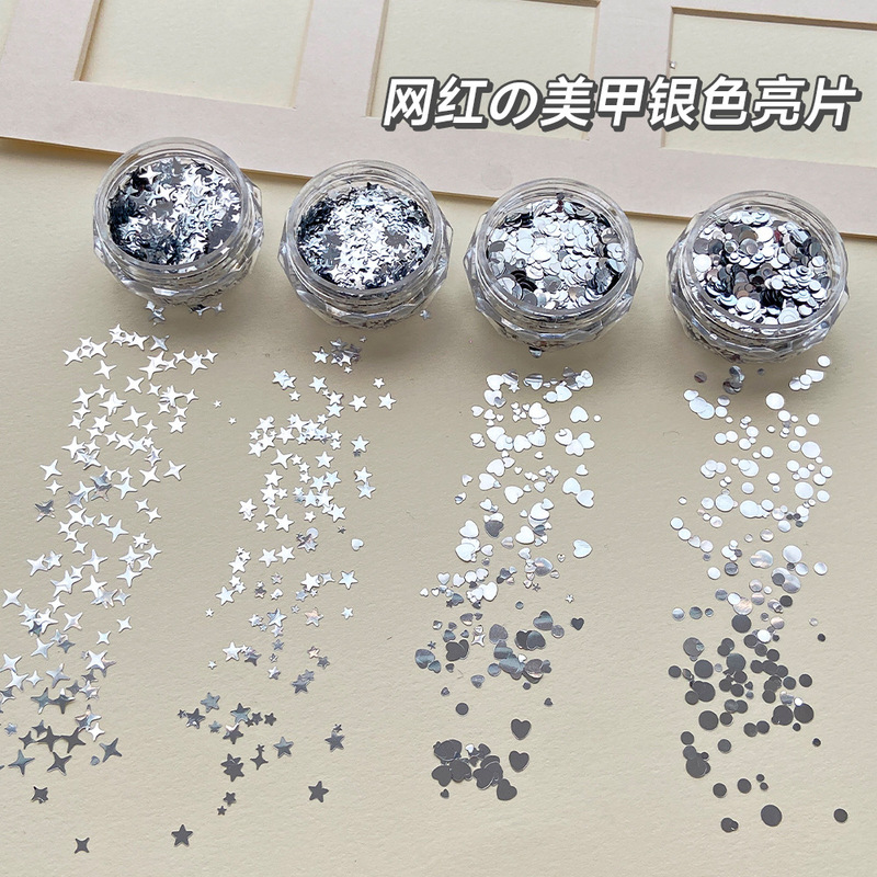 Explosive Silver Glitter Nail Art Decorations, Trendy Korean Style Ins-Style Round Five-Pointed Star Heart Nail Glitter Powder Sequins