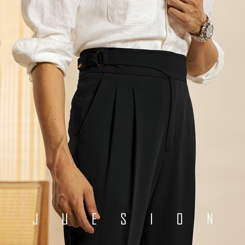 Italian Men's Neapolitan Trousers Parisian Straight Pants with Buckle Waist