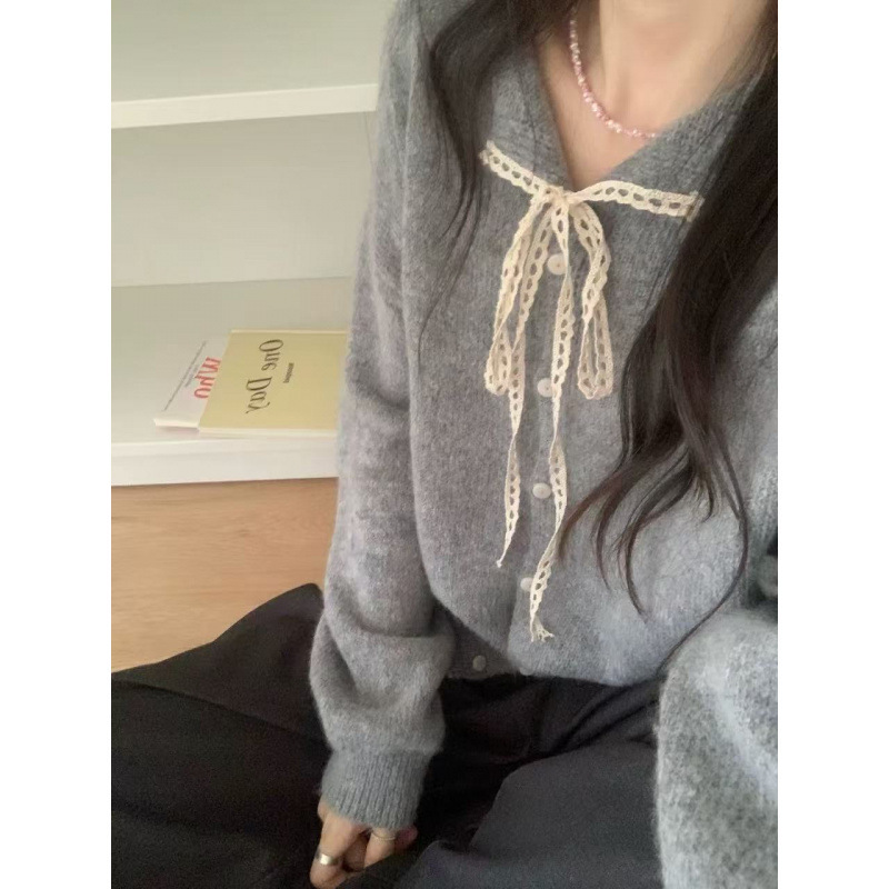Korean Sweet Bow Lace Collar Sweater Cardigan Jacket Autum French Soft Waxy Knitted Knitwear Top for Women