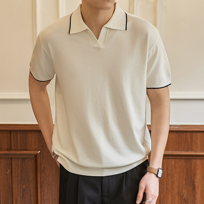 ZF8110-MW复古拼色翻领OLO衫男夏季薄款休闲针织短袖T恤上衣,男装针织衫/毛衣,星座614
