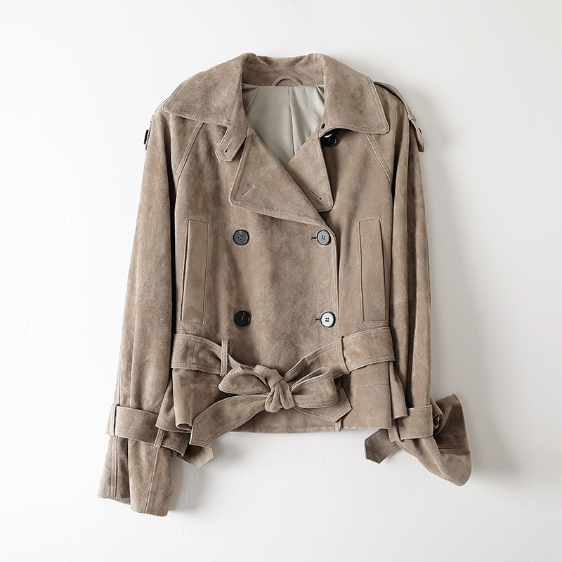 Genuine Leather Jacket Hn5155 Old Money Style Large Lapel Goatskin Suede Double-Breasted Belt Waist Raglan Jacket for Women