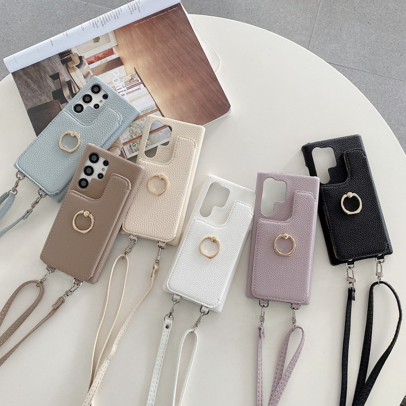 For Samsung S25 two-fold card ring buckle bracket mobile phone case GalaxyS24 litchi pattern half bag foreign trade