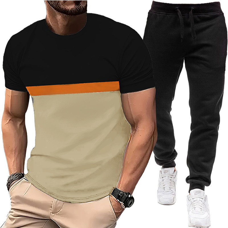 2025 夏半袖ラウンドネック Tシャツヨーロッパとアメリカの新しいクロスボーダーカラーマッチングスポーツレジャー Tシャツメンズパンツスーツ|undefined