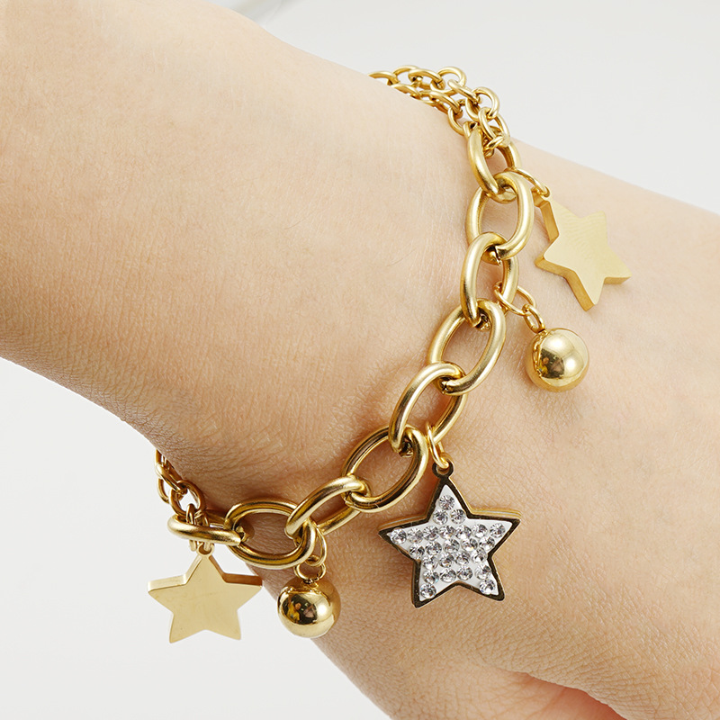 Bracelets Classification 304 Stainless Steel Chain Material Fashion Star 304 Stainless Steel 18K Gold Plated Rhinestones Stainless Steel Bracelets In Bulk