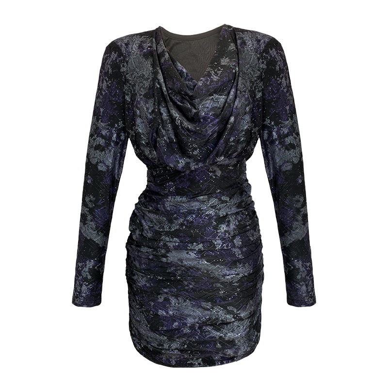 Đầm ôm body nữ cổ cọc Jacquard thêu hoa nhũ — Màu tím đen