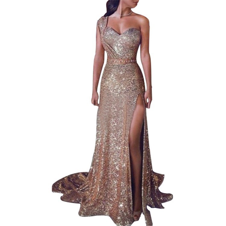 Summer Neck dress Long Banquet Elegant Sexy High-end One-shoulder Bronzing Long Evening Dress Summer Neck dress Long Banquet Elegant Sexy High-end One-shoulder Bronzing Long Evening Dress