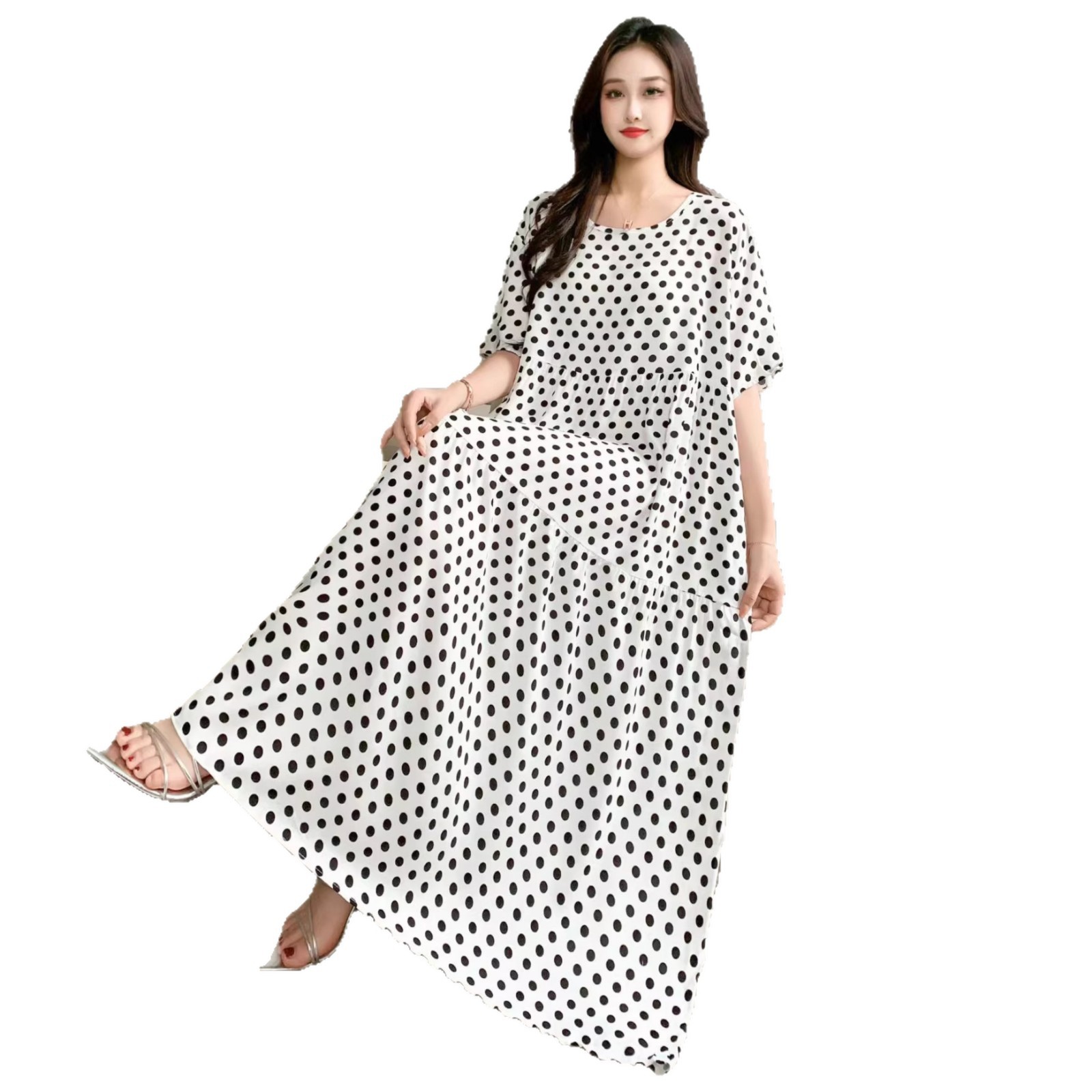 Short-sleeved Cotton Silk Women's Dress, European And American 2025 New Style, Round-neck Seaside Vacation Style Dress_ecoleips.com