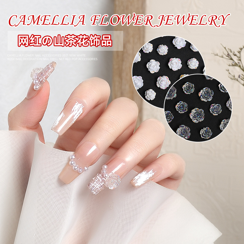 Arte de uñas Aurora color mágico Camelia Rosa joyería tamaño blanco resina mixta tridimensional retro decoración de uñas