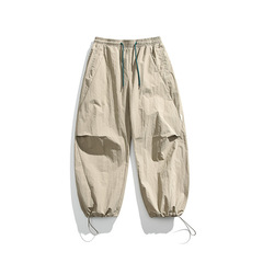 24 Spring New Japanese Street Fashion Simple Solid Color Drawstring Ankle Pants Men Casual Straight Leg Pants