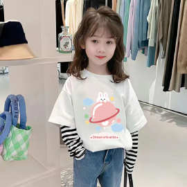 G2152#女童长袖T恤圆领打底衫2025新款假两件上衣儿童纯棉衣服潮