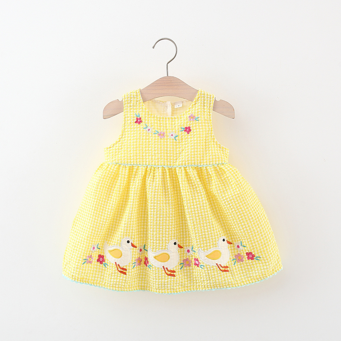 Vestido de niña estilo coreano verano lleno de dibujos animados a cuadros pato bordado chaleco falda estilo occidental princesa