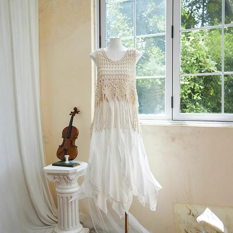 Outer Wear French White Skirt suit High Waist Irregular Ruffled Draped A- line Long Skirt Hollow Vest Outer Wear French White Skirt suit High Waist Irregular Ruffled Draped A- line Long Skirt Hollow Vest