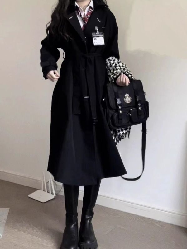 ハイエンド JK 制服ウインドブレーカージャケットミッドレングスカレッジスタイル女性の春と秋の黒のコートスーツ 2025 新しいスタイル|undefined