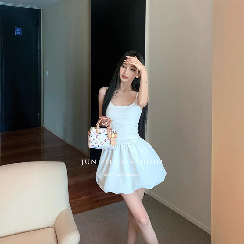 White dress Ballet Pure Desire Style Sweet Puffy Flower Bud Dress Slim-fit Waist Slimming Spice Girl Slip Dress for Summer