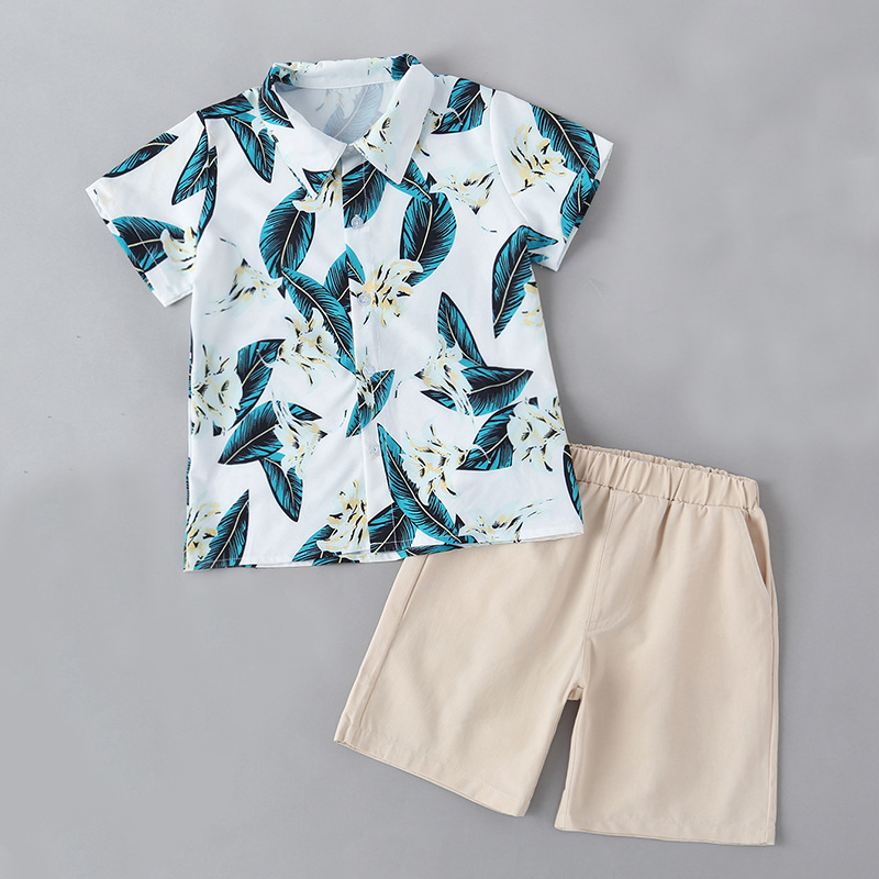 Playa padre-hijo familia traje de tres bocas traje de cuatro bocas manga de campana traje de camisa de vestir de longitud media entrega de una pieza