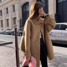 现 韩国东大门ounce苏丽羊驼毛呢外套韩系女装翻领羊毛大衣小个子